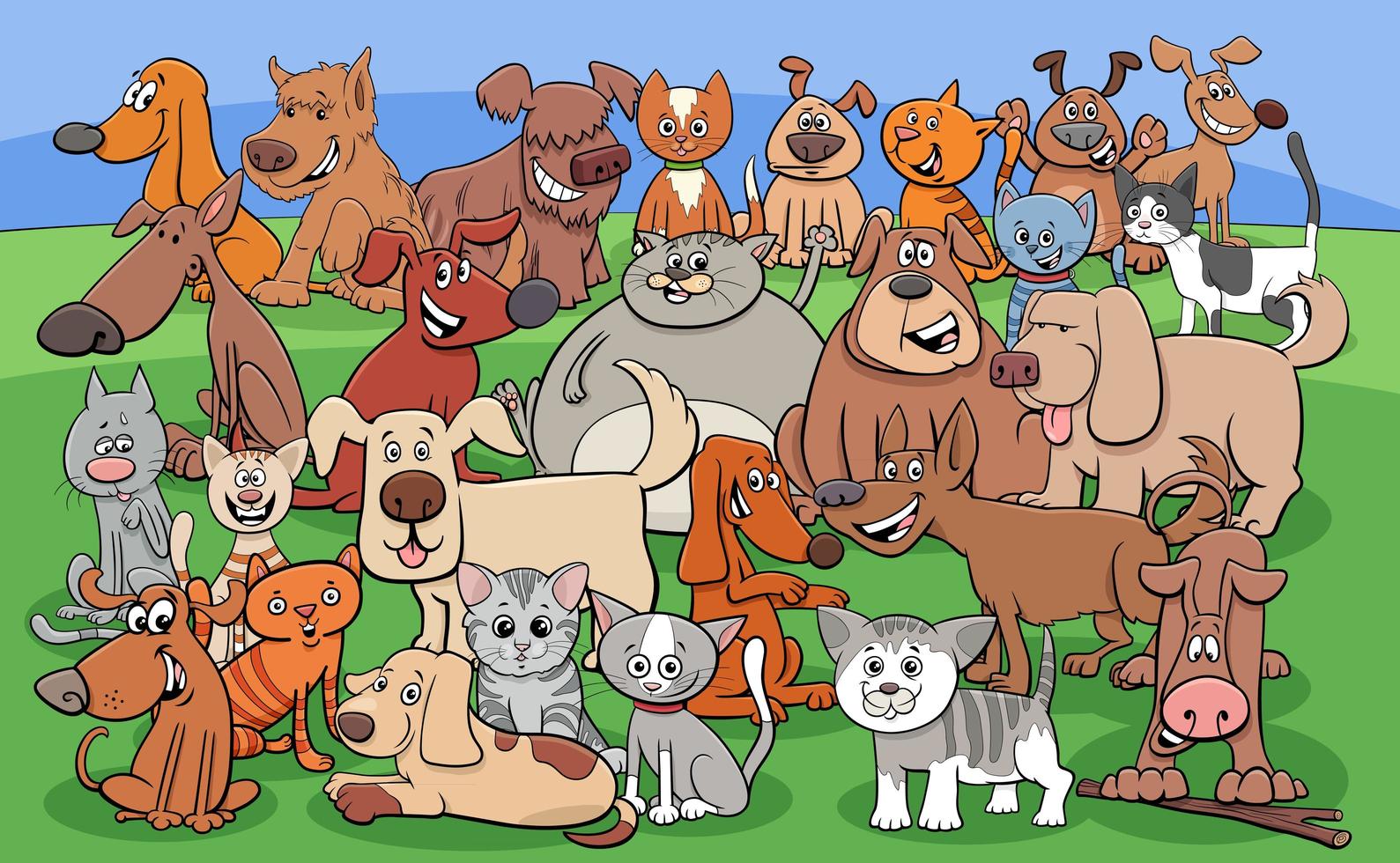 funny dogs and cats cartoon characters group vector