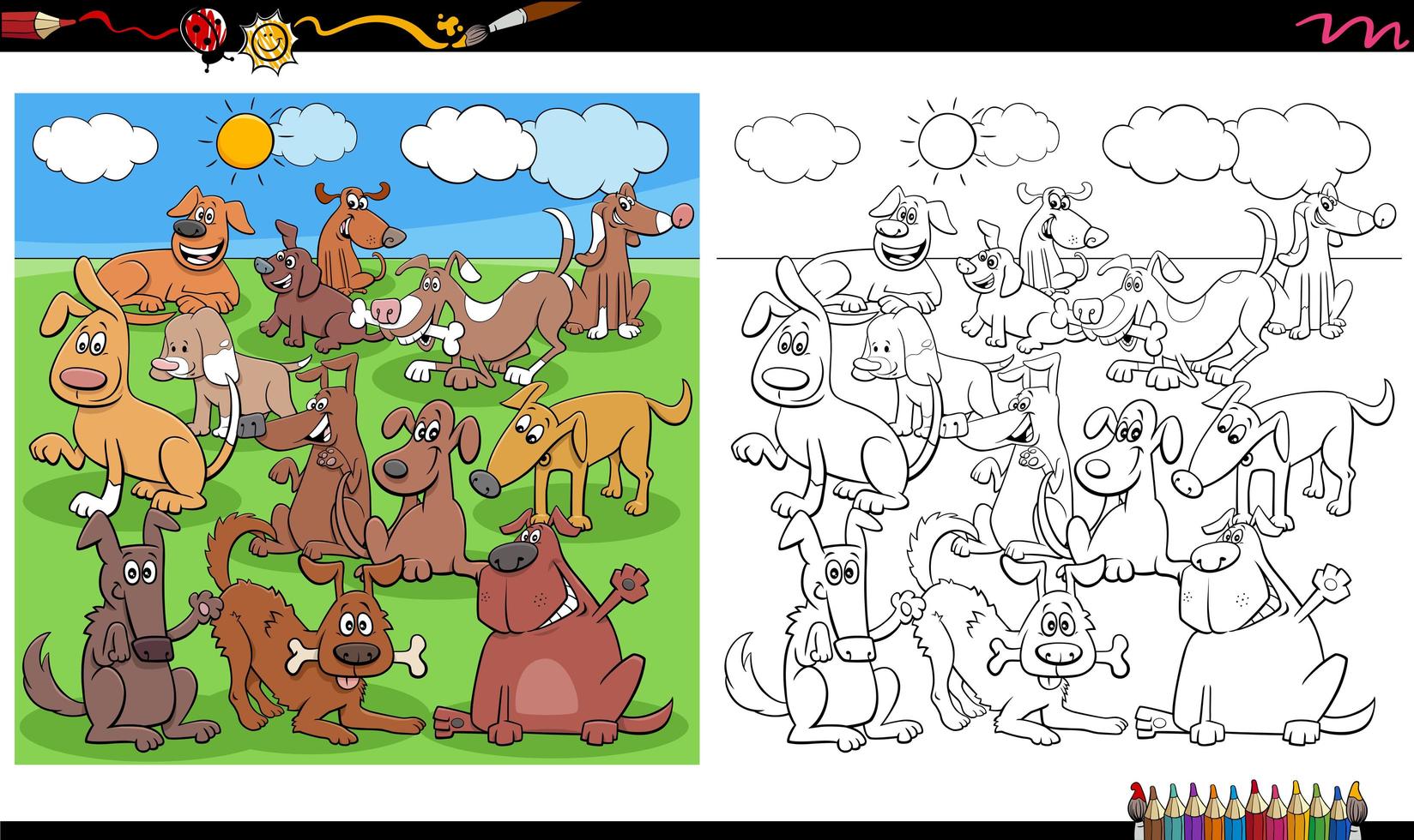 funny dogs characters group coloring book page vector