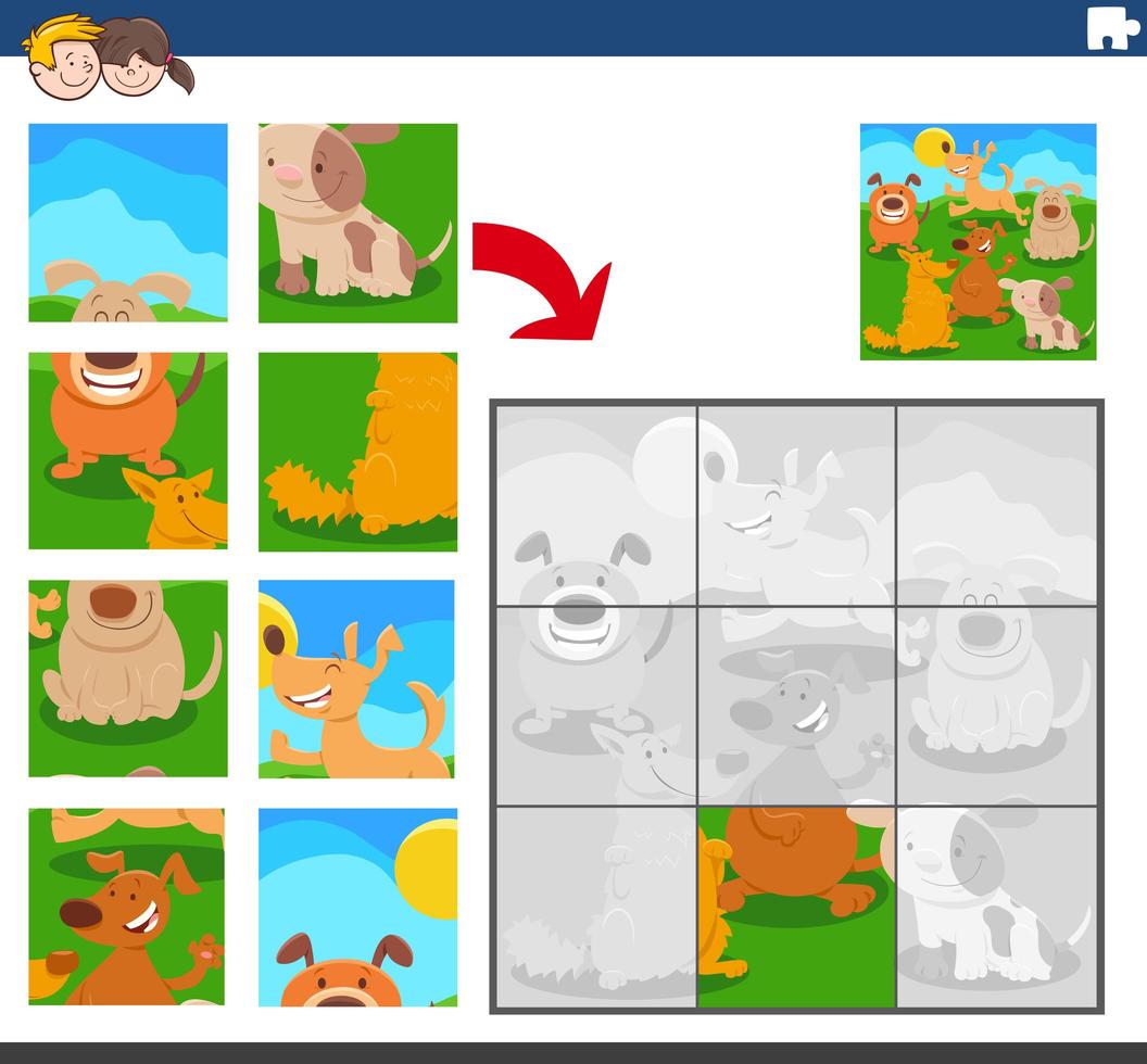 jigsaw puzzle game with dogs animal characters vector