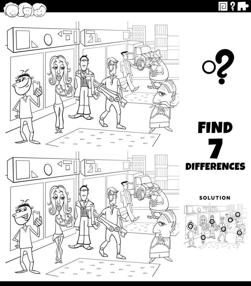 differences game with cartoon people color book page vector