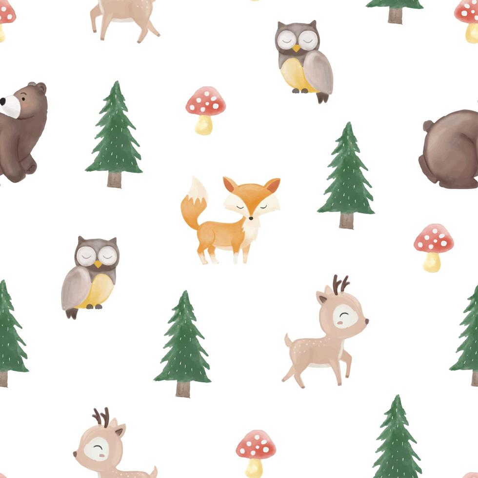 Seamless Pattern of cute animal in the woodland with watercolor style vector