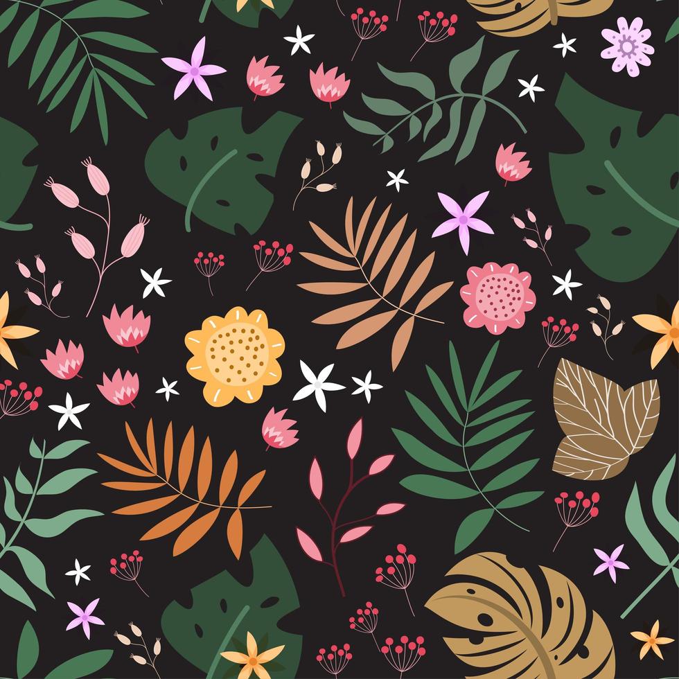 Floral seamless pattern of garden with balck backdrop vector