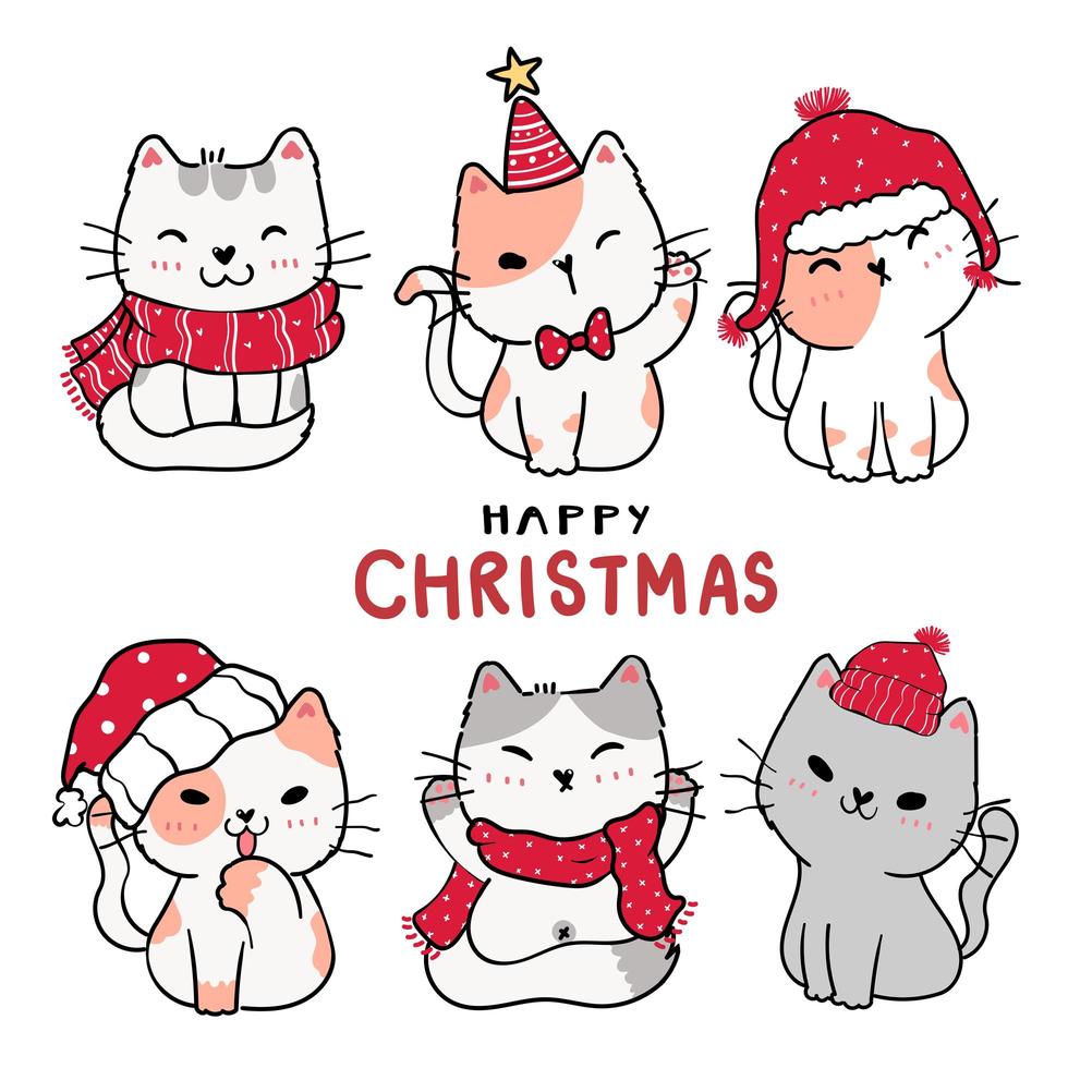 cute cartoon kitten cat set Happy Christmas vector