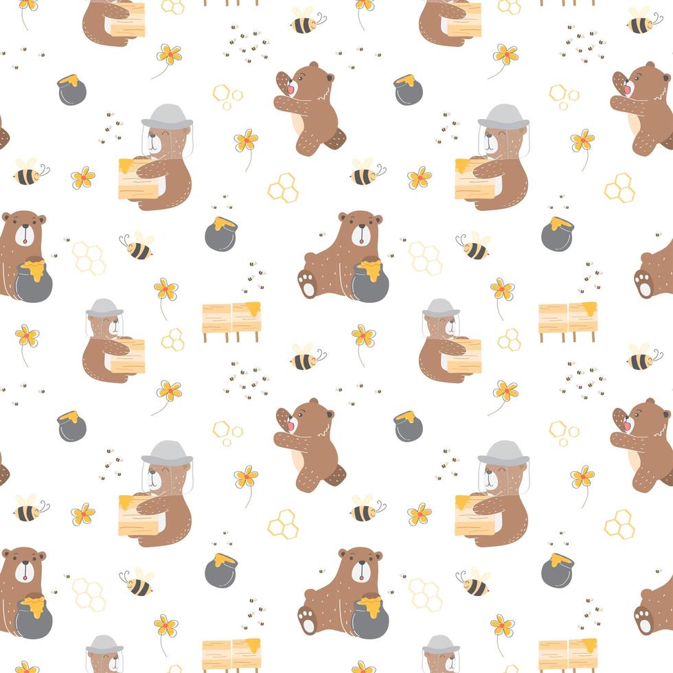 Kids baby seamless pattern with honey bear concept vector