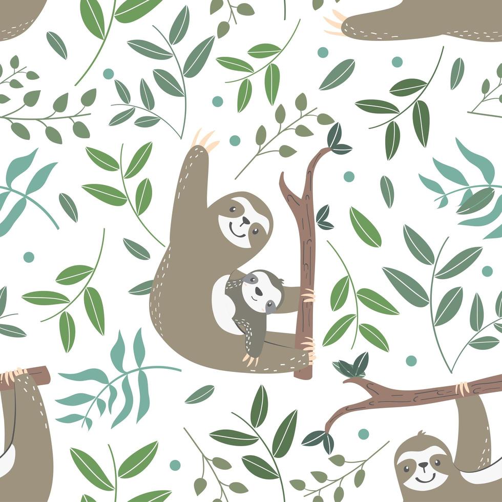 Seamless pattern with plants and cute slooth vector