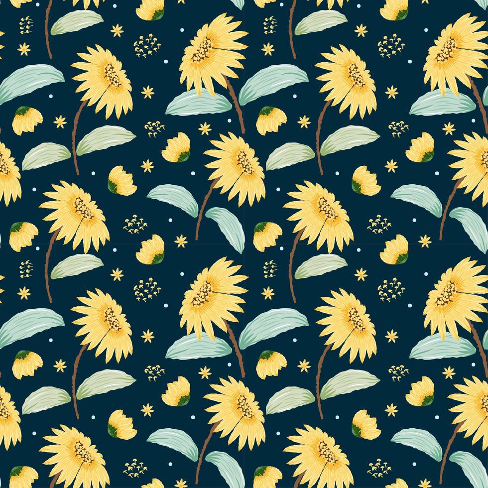 Seamless pattern with sunflowers concept in the dark blue backdrop vector