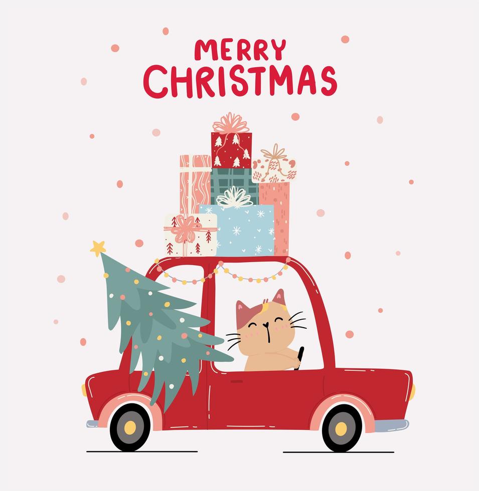 Cute kitten driving a red car with Christmas tree vector