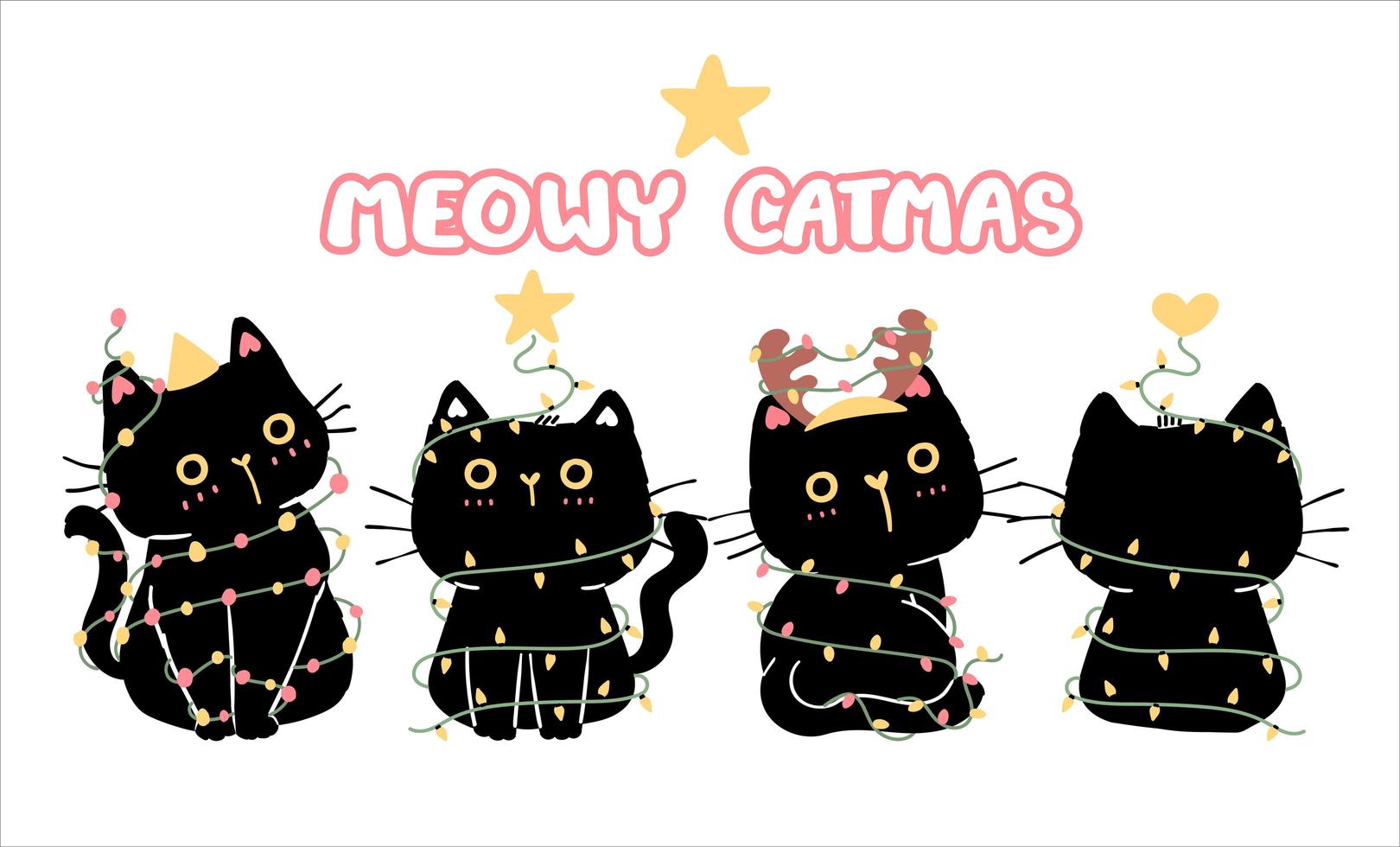 Conjunto de graciosos gatos negros para celebración navideña vector