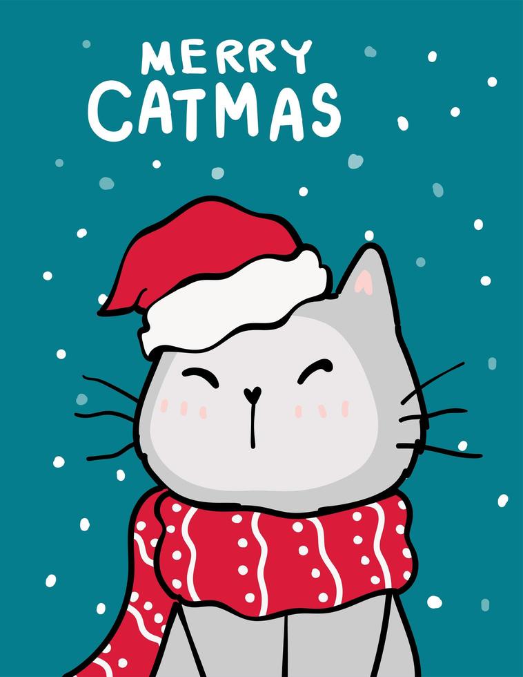 merry catmas, tarjeta de felicitación de navidad con lindo gato vector