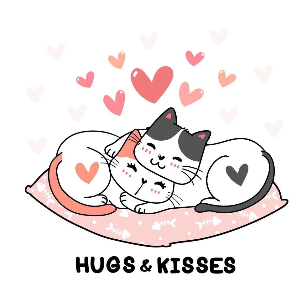 Cute Valentine cats hugging with hearts vector