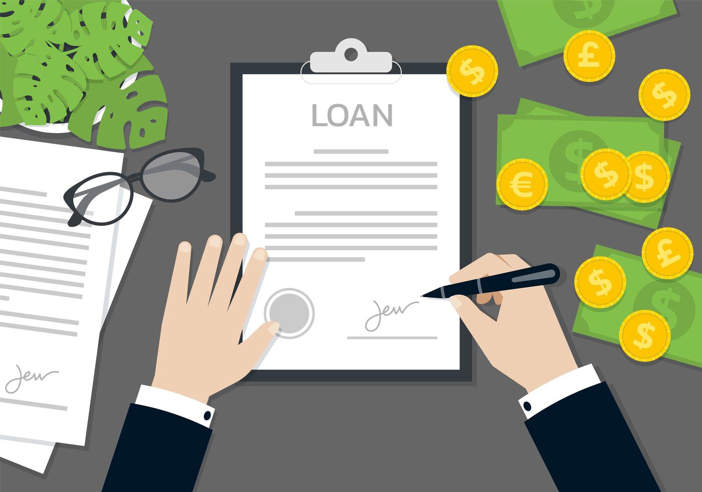 Businessperson hands signing loan document vector
