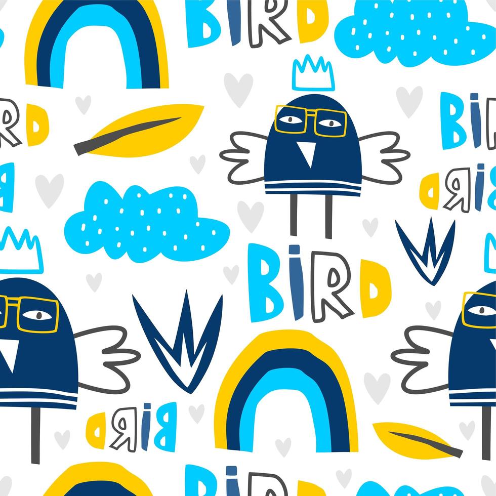 Bird scandinavian drawing seamless pattern, vector illustration for baby and kids fashion textile ready for print.