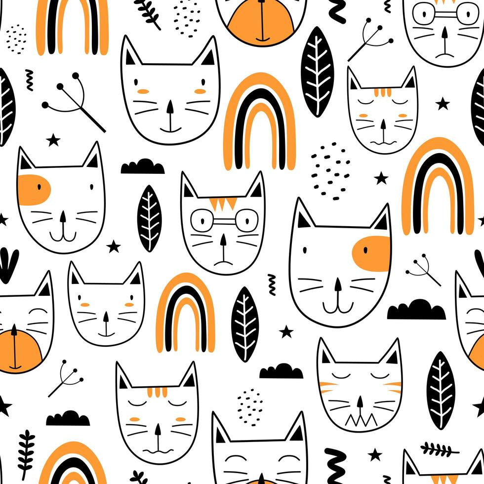 Seamless pattern with cute colorful Kittens scandinavian drawing. Creative childish hand drawn unique style. Good for baby and kids fashion textile print. Vector illustration element fabric ready.
