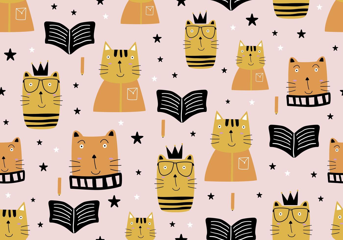Cute cats pattern, vector illustration childish drawing for kids and baby fashion textile print. Animal and book on pink background.