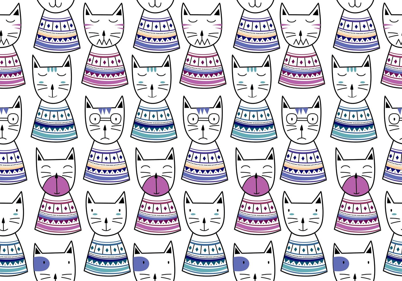 Seamless pattern with cute colorful Kittens scandinavian drawing. Creative childish hand drawn unique style. Good for baby and kids fashion textile print. Vector illustration element fabric ready.