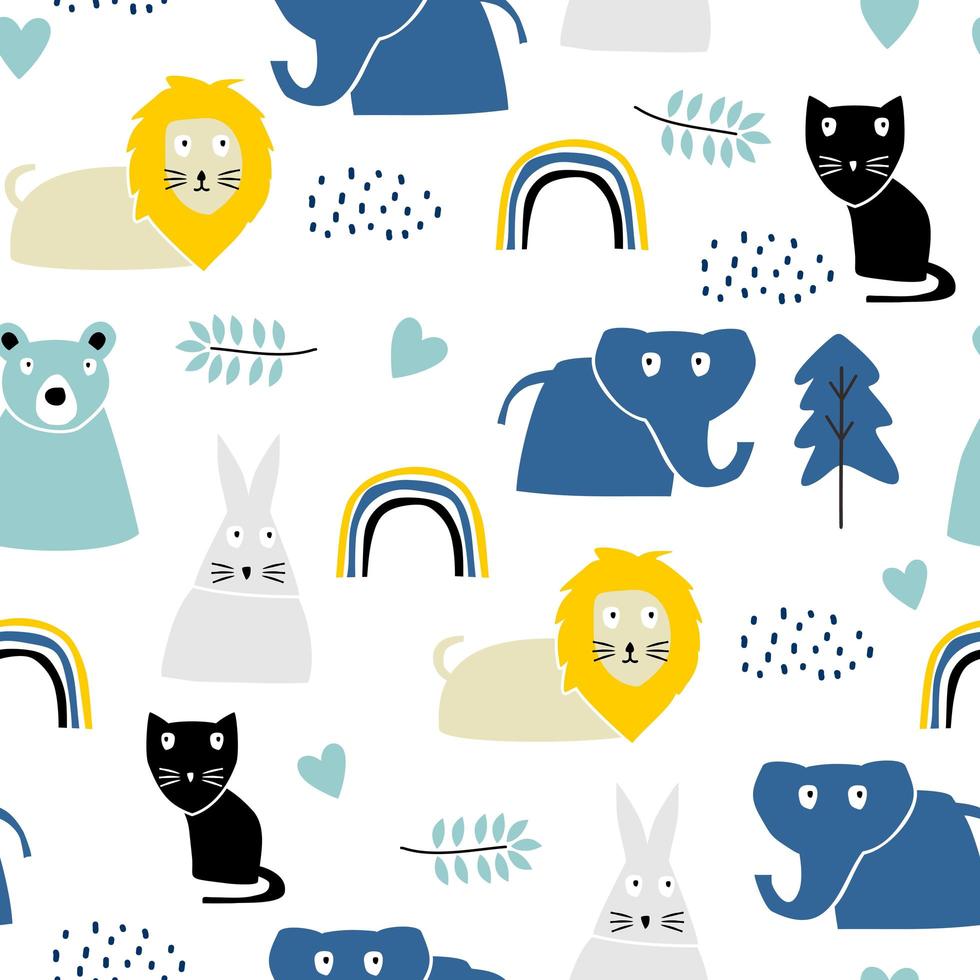 Childish pattern with safari animal, lion, rabbit, cat, and elephant. Cute decoration scandinavian style with colorful pastel colors. Good for kids fashion textile print. vector