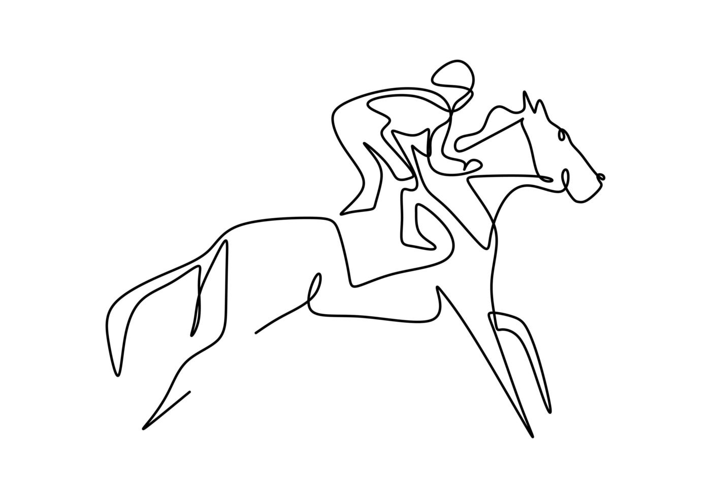 Continuous one line drawing rider on horseback. Young horse rider man in jumping action. Equine training at racing track. Elegant sport. Equestrian sport show competition concept. Vector illustration