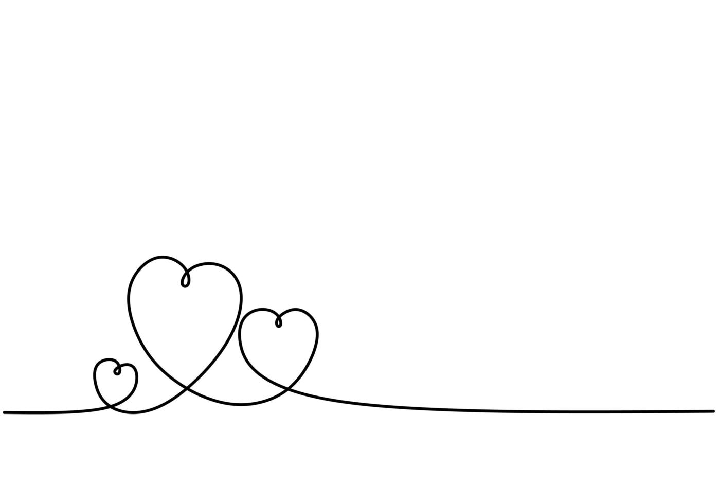 dibujo de línea continua de tres corazones. Ilustración minimalista vectorial en blanco y negro del minimalismo del concepto de amor, boceto dibujado a mano, tema romántico vector