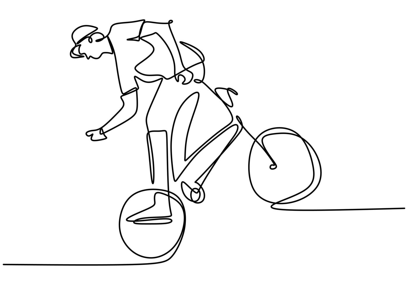 Un solo dibujo de línea continua de un joven ciclista muestra un soporte de estilo libre en una bicicleta. truco extremadamente arriesgado. Ilustración de vector de diseño de dibujo de una línea para estilo libre