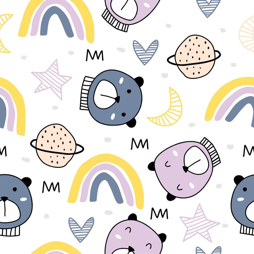 patrón infantil sin fisuras con lindos osos en las nubes, arco iris, luna, estrellas. osos de peluche de dibujos animados lindo. vector de fondo de bebé.