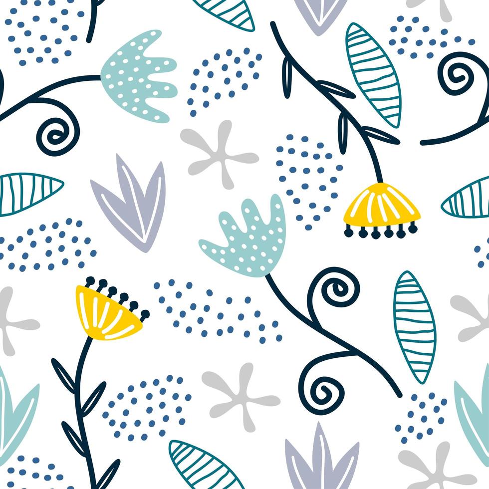 Seamless repeat pattern with flowers and leaves, scandinavian childish