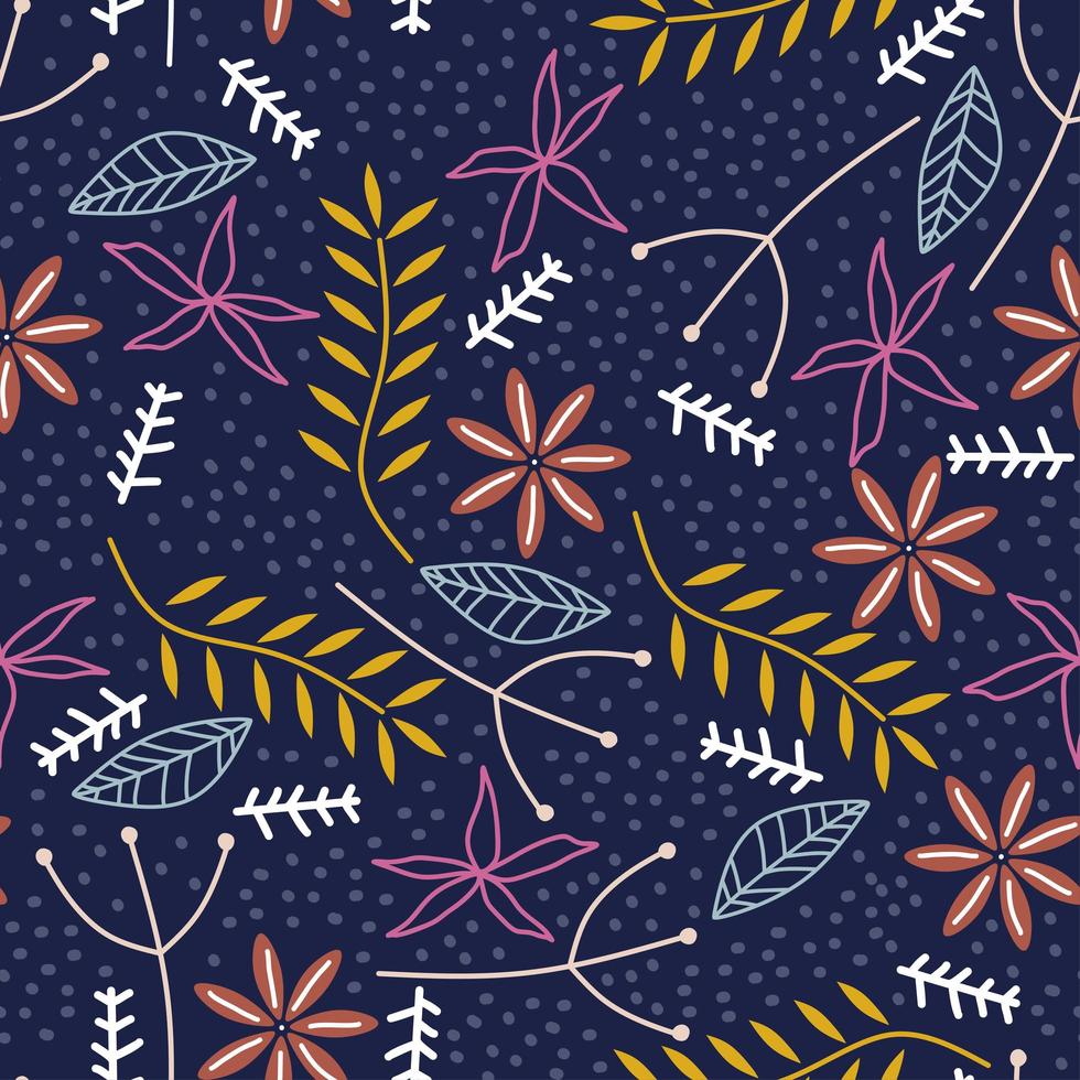 Seamless repeat pattern with flowers and leaves, scandinavian childish drawing background. Hand drawn fabric, gift wrap, wall art print. Vector illustration repeated cute design.