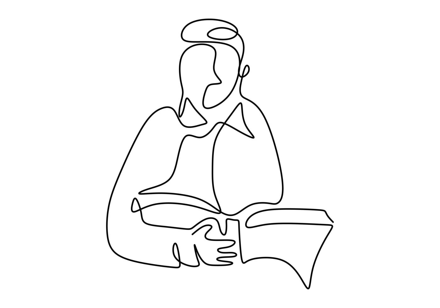 Single continuous line drawing boy focus reading book. Sitting and study with his book. Vector illustration