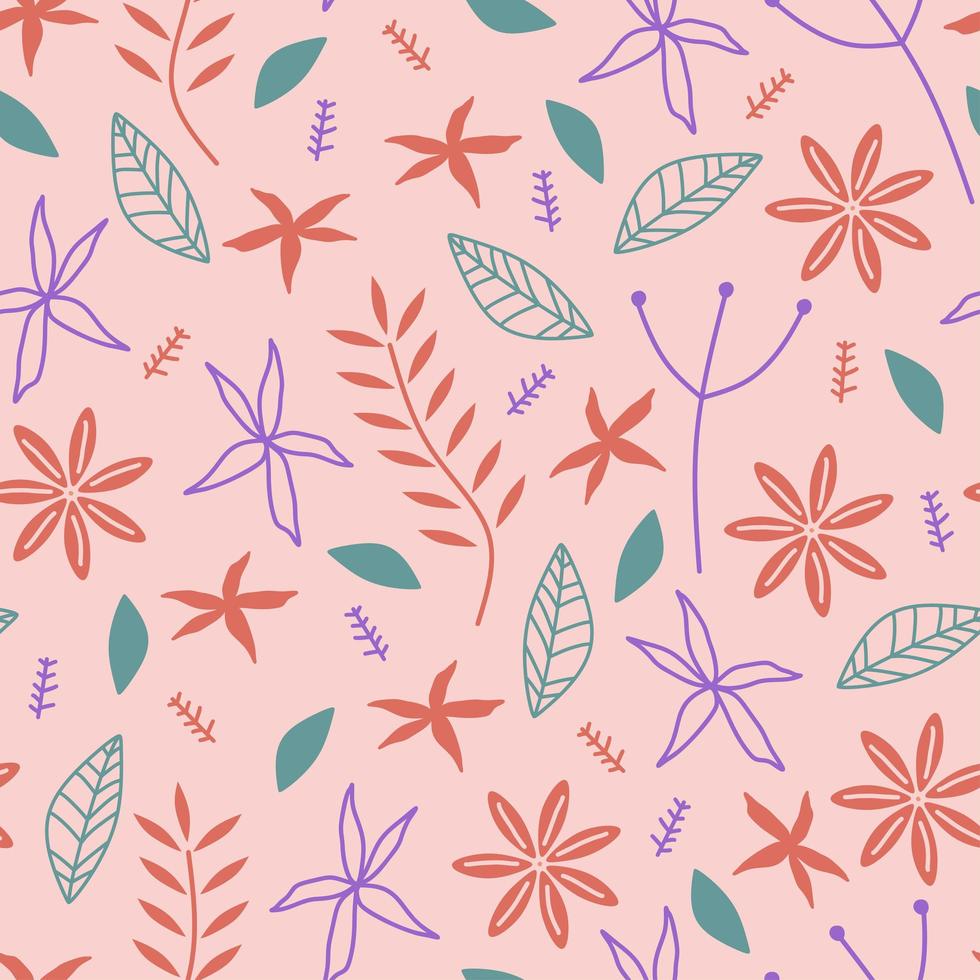 Seamless repeat pattern with flowers and leaves, scandinavian childish drawing background. Hand drawn fabric, gift wrap, wall art print. Vector illustration repeated cute design.