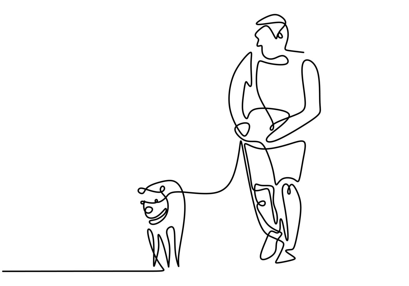 Person spending time walking with a dog. Playing with dog. Continuous single drawn one line. Vector illustration.