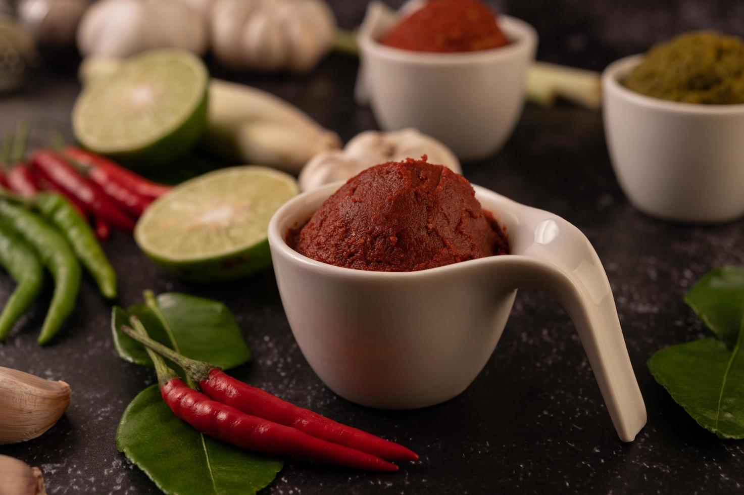 Red curry paste made from chilis photo
