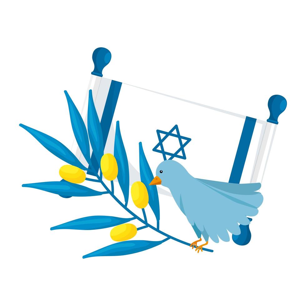 flag israel and bird with olive branch vector