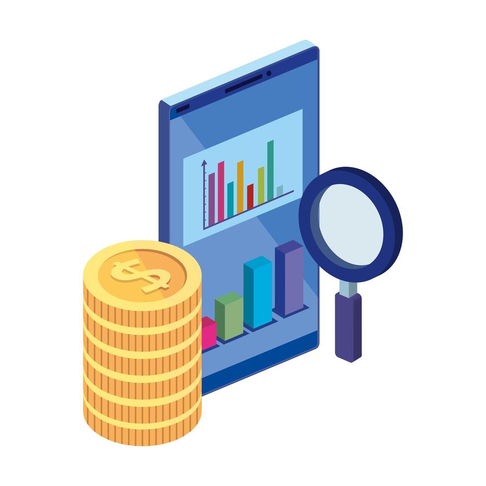 smartphone with magnifying glass and pile coins vector