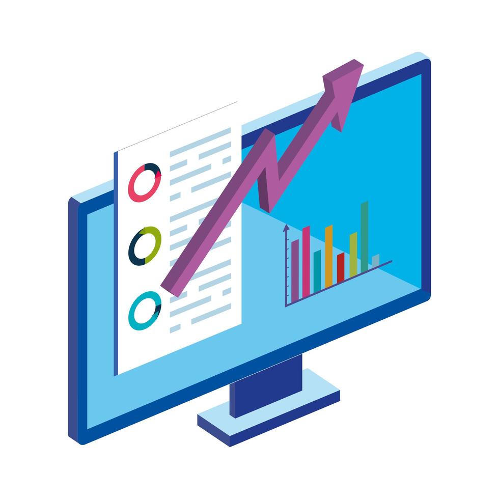 Escritorio de la computadora con infografía icono aislado vector