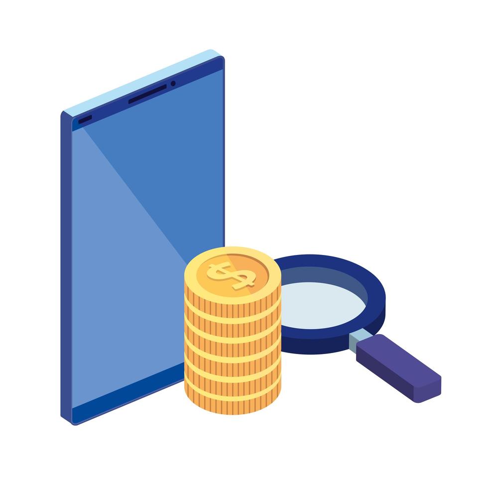 smartphone with magnifying glass and stack coins vector
