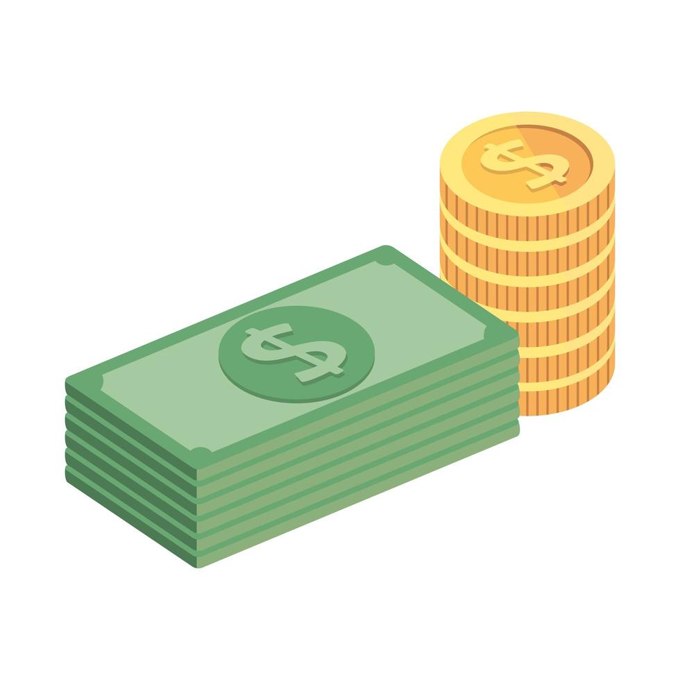 stack bills with pile coins isolated icon vector