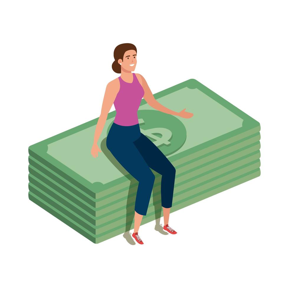 beautiful woman sitting in stack bills finance vector