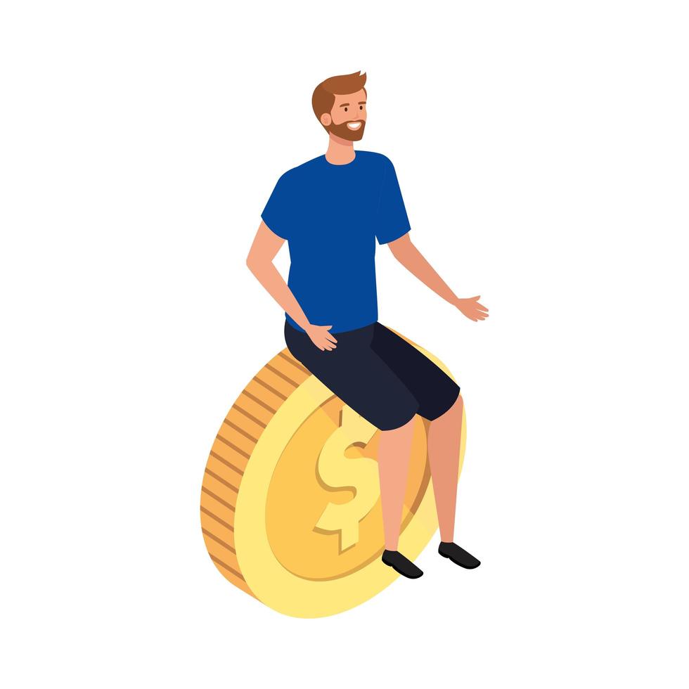 hombre joven, sentado, en, moneda, aislado, icono vector