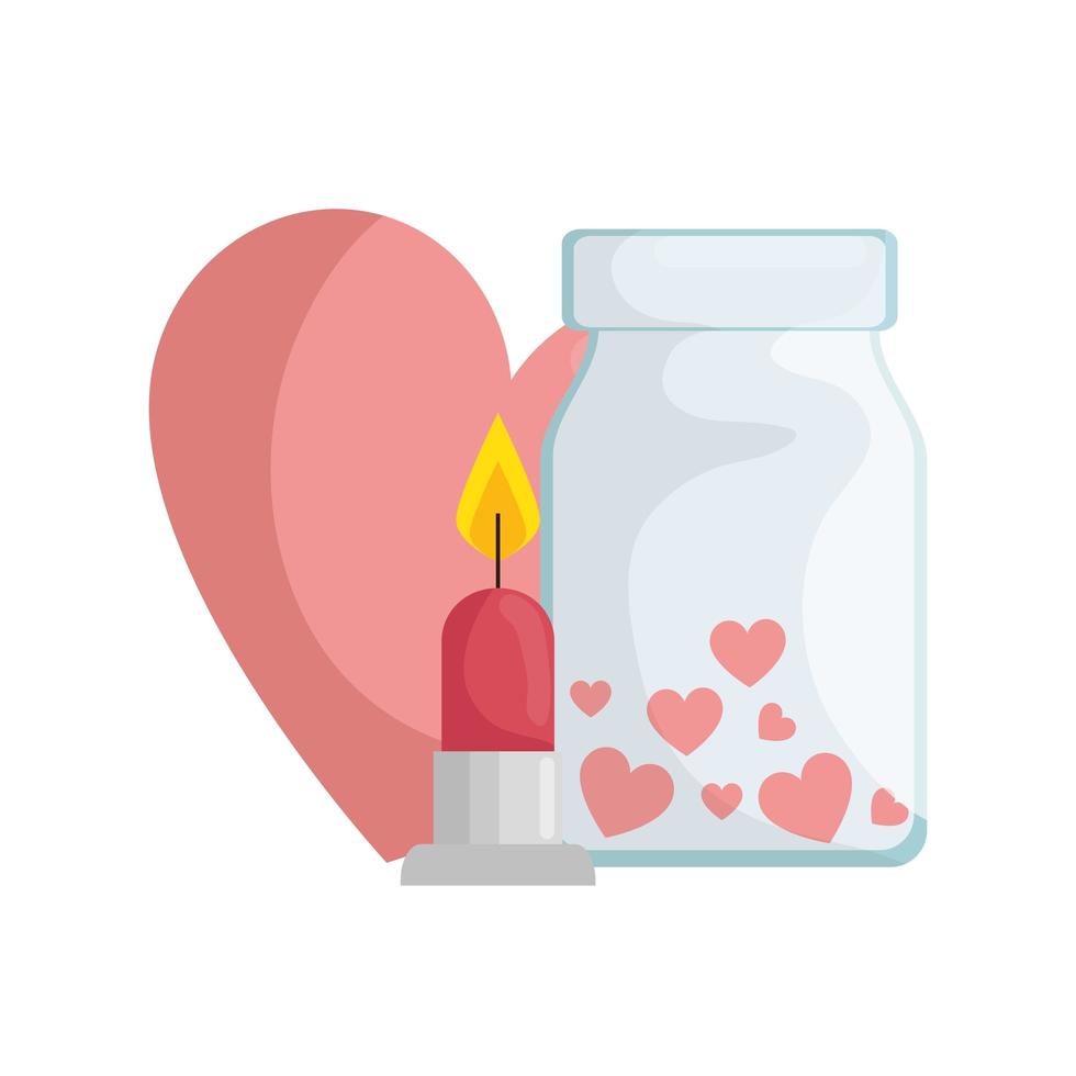 candle light and bottle with hearts isolated icon vector