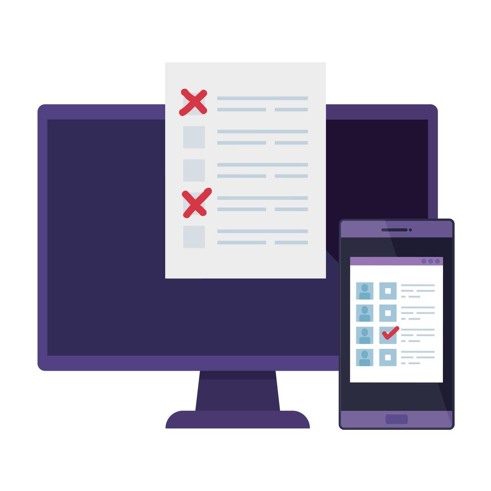 computer with smartphone for vote online isolated icon vector
