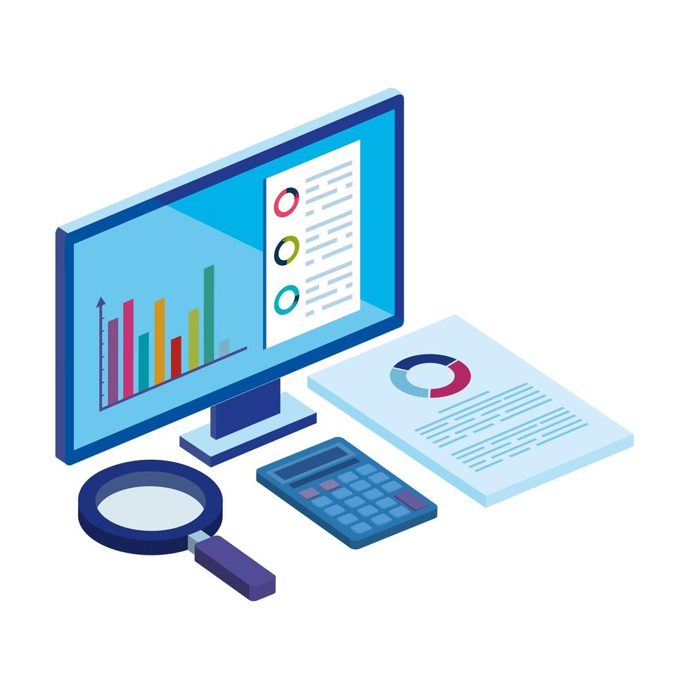 computer with magnifying glass and icons vector