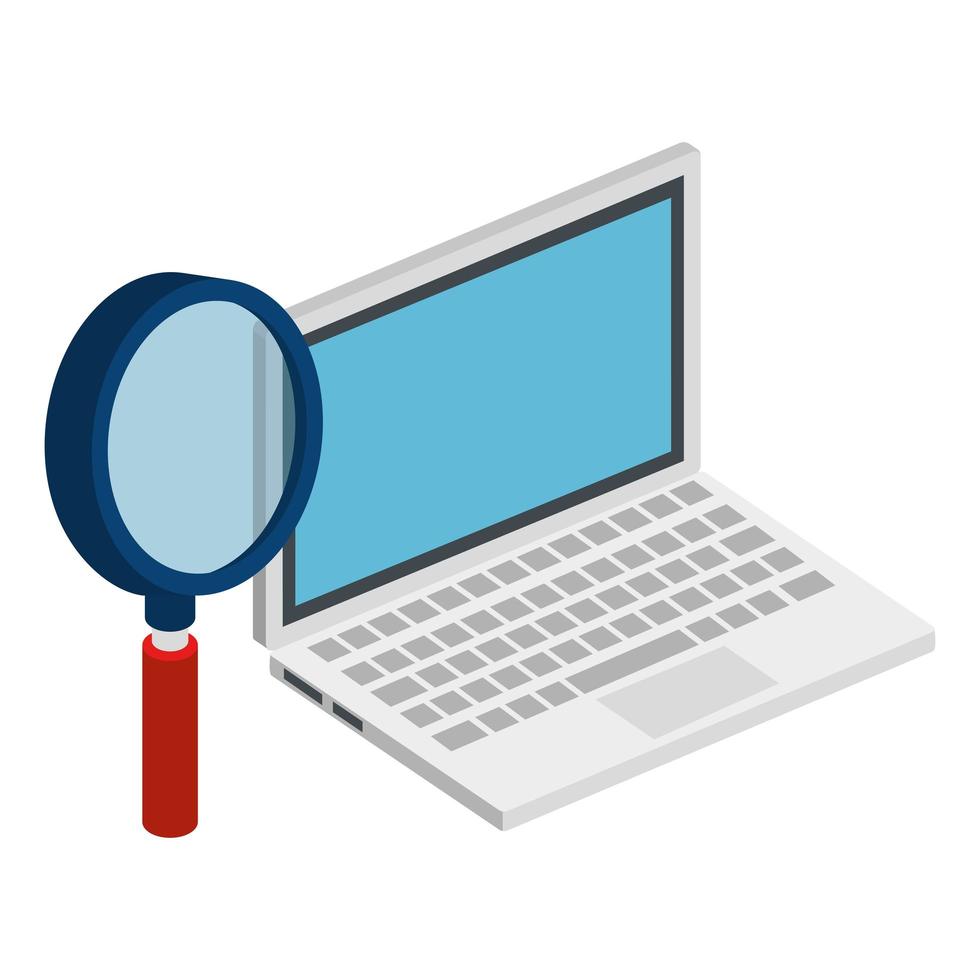 laptop computer with magnifying glass isolated icon vector