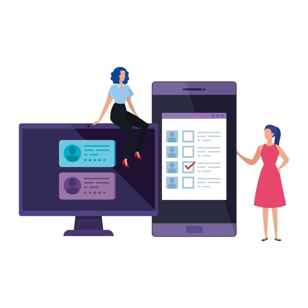 businesswomen with computer and smartphone for vote online vector