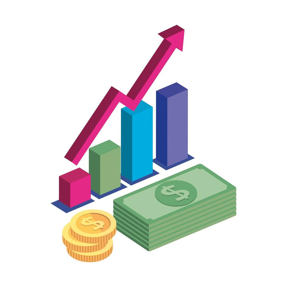 barras estadísticas con pila de monedas y billetes de pila vector