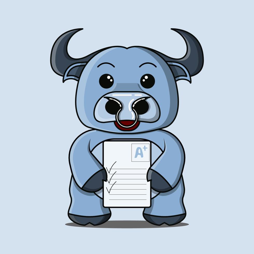 A cute blue buffalo mascot that is happy to get an A plus score vector