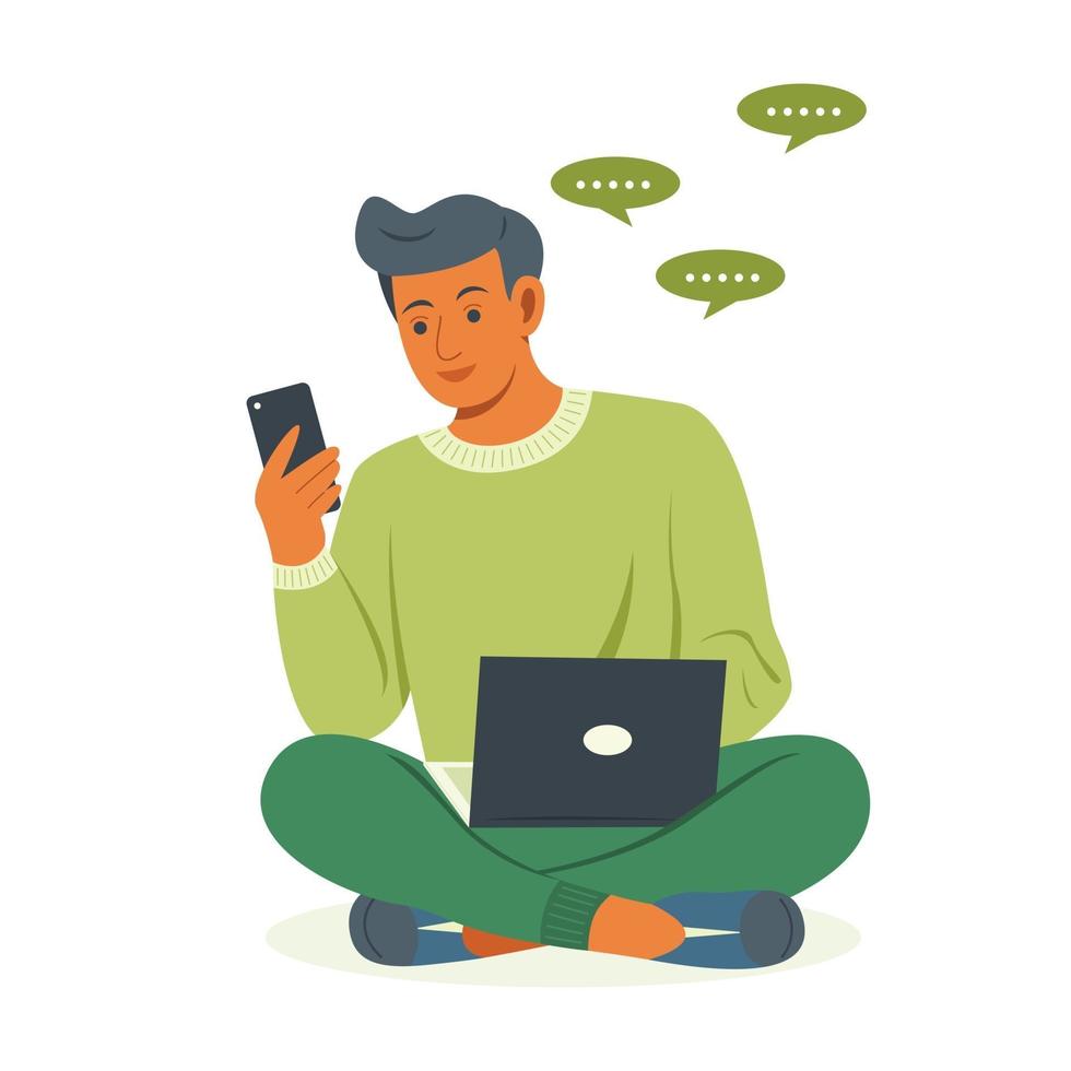 Freelance Man is Working with Laptop and Chatting on Mobile Phone. vector