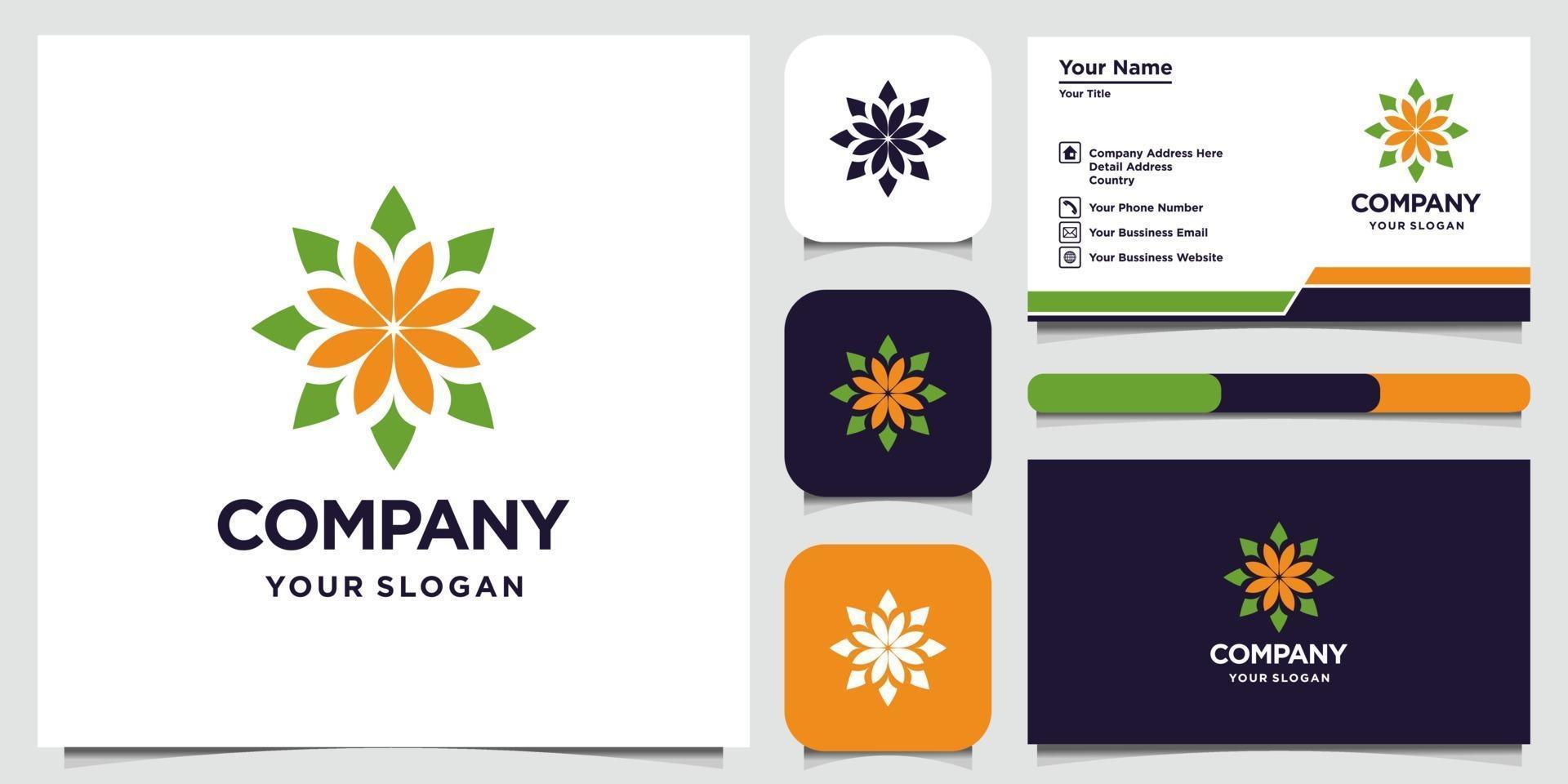 Abstract flower logo design with line art style logo and business card vector