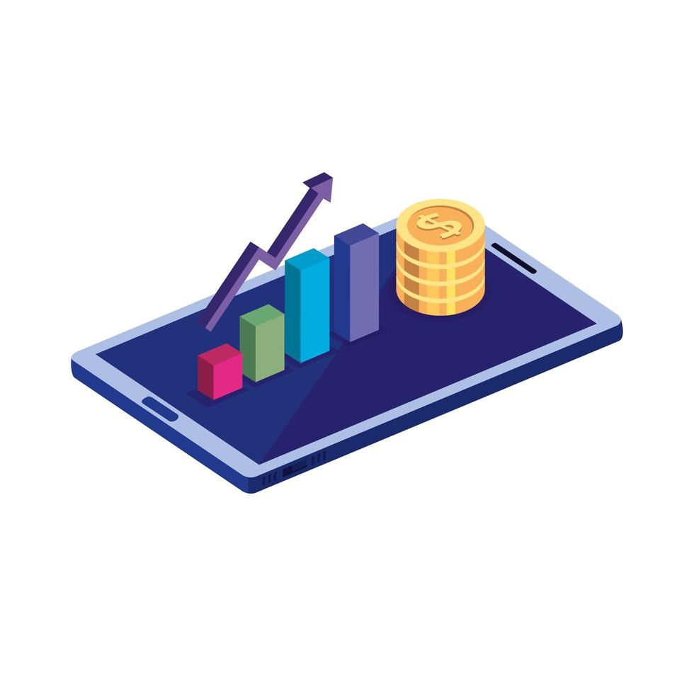 smartphone con pila de monedas e infografía vector