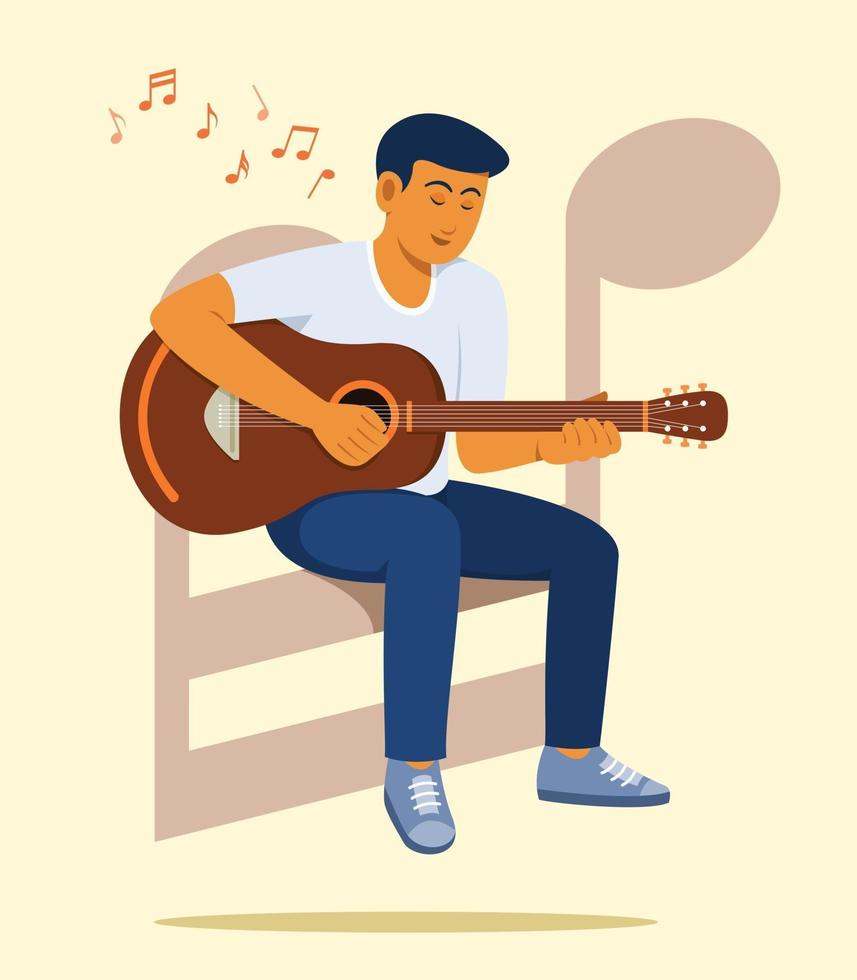 El hombre se sienta en una gran nota musical y disfruta tocando la guitarra. vector