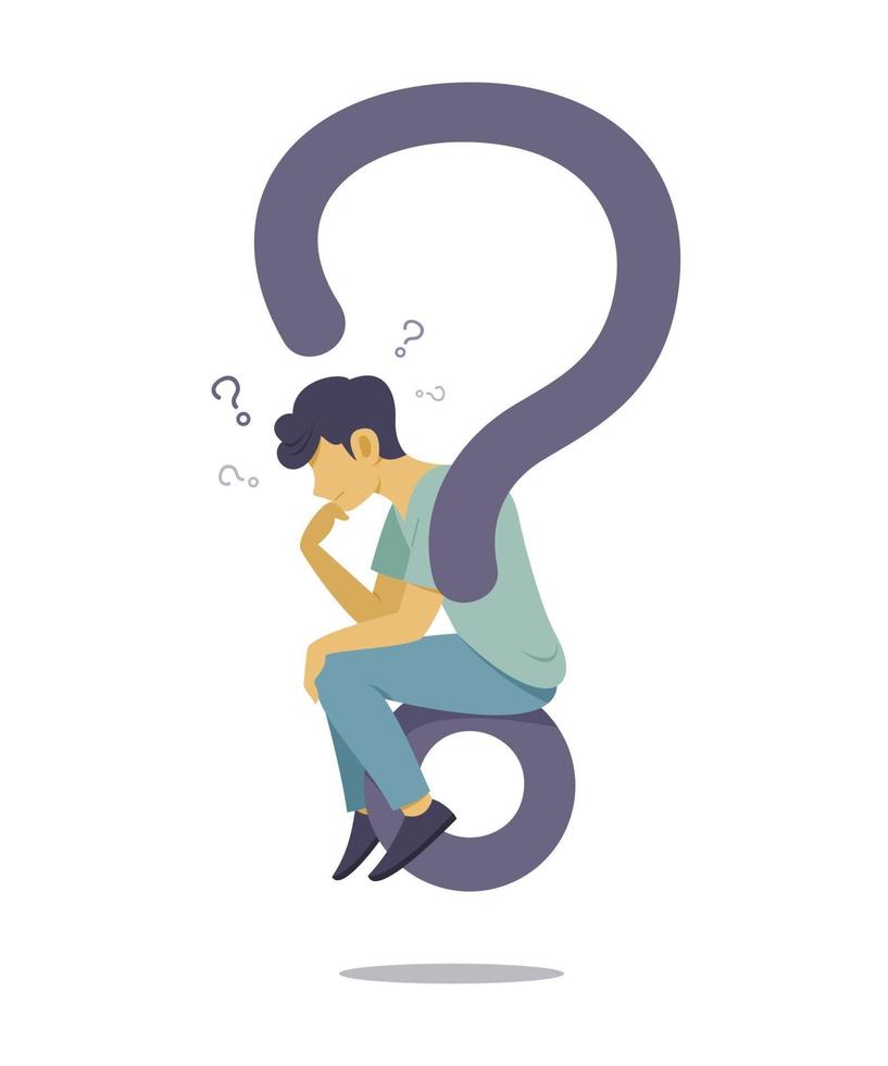 Man Thinking of the Question and Sitting on Big Question Mark Symbol. vector