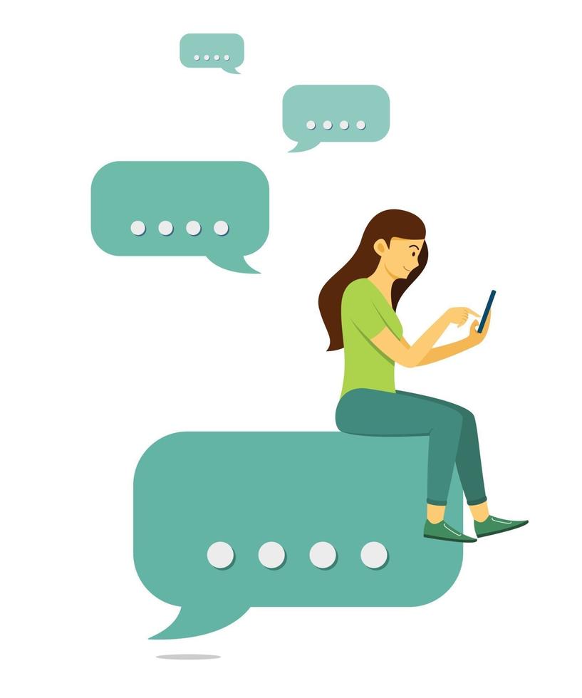 Woman Sitting on Chatting Bubble Icon and Chatting on Mobile Phone. vector